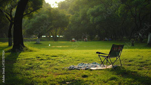 Solitary chair invites a moment of peace in a lush park setting. AI Generative.