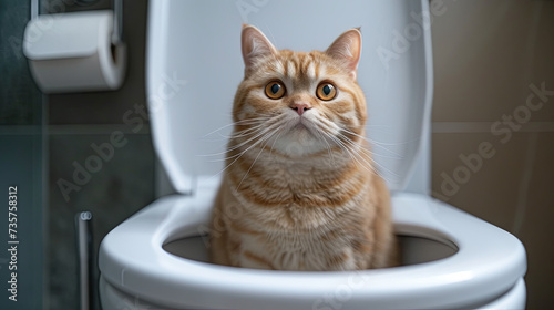 red cat sitting on the toilet, humorous situation 