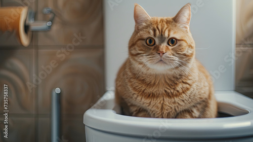 red cat with big eyes sitting on the toilet 