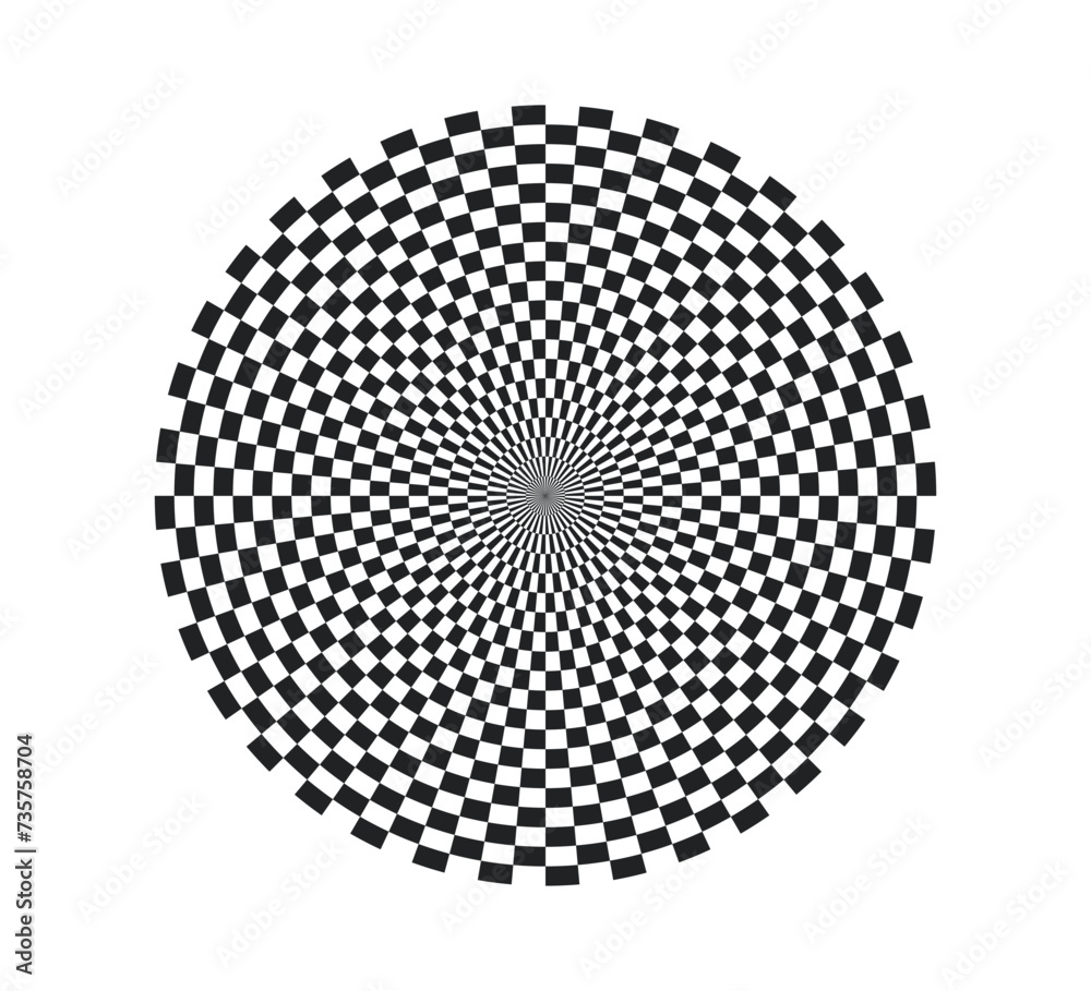 Checkered circle background. Circle with checkerboard geometric pattern. Optical chess round background with radiating lines and black and white squares. Vector illustration on white background.