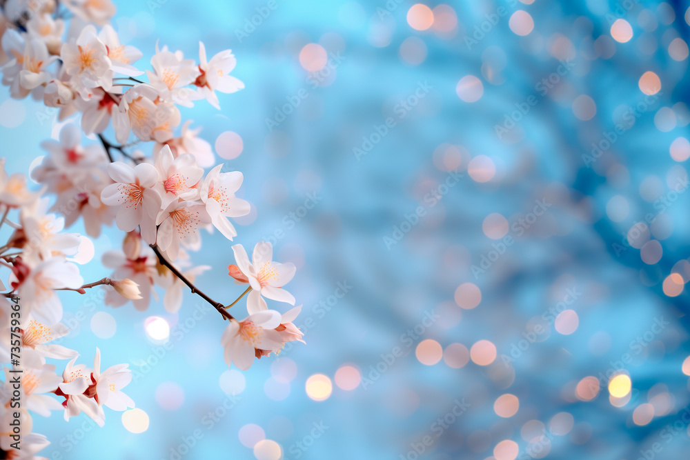 Almond tree branches in bloom and with blue sky out of focus in the background and copy space Almond tree branches in bloom and with blue sky out of focus in the background and copy space
