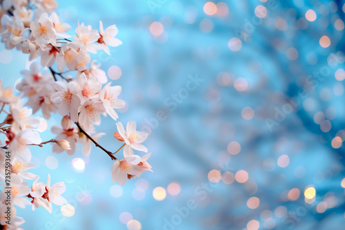 Almond tree branches in bloom and with blue sky out of focus in the background and copy space