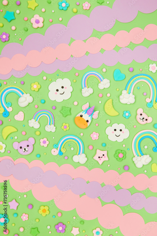 Trendy pastel green kawaii flyer background design template with cute air plasticine handmade cartoon animals, unicorns, stars, rainbows pattern. Top view, flat lay. Candycore, fairycore.