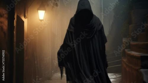 A faceless messenger wrapped in a dark cloak a single lamp in their hand casting a dismal light on an old cobblestone path leading photo