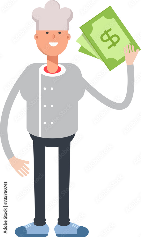 Chef Character Holding Dollar Banknotes
