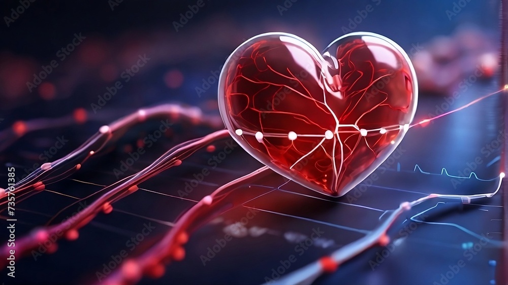 Heart-shaped crystal immersed in a dynamic bloodstream, symbolizing technological advancements in heart health monitoring. health science background - obrazy, fototapety, plakaty 
