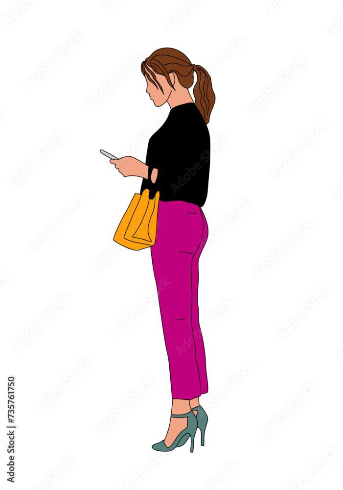 Business woman standing with phone full length side view. Young girl wearing smart casual office outfit and high heels using smartphone, Chatting, texting, watching news. Vector outline illustration.