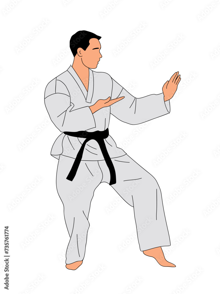 Martial art training male character. Young man in kimono doing karate exercise. Vector colored drawing isolated on white background. Karate, judo, tai chi, taekwondo sport.