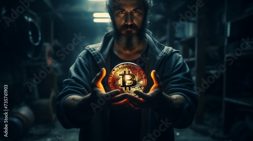 Mysterious Man Holding a Glowing Bitcoin - Power of Crypto Revealed