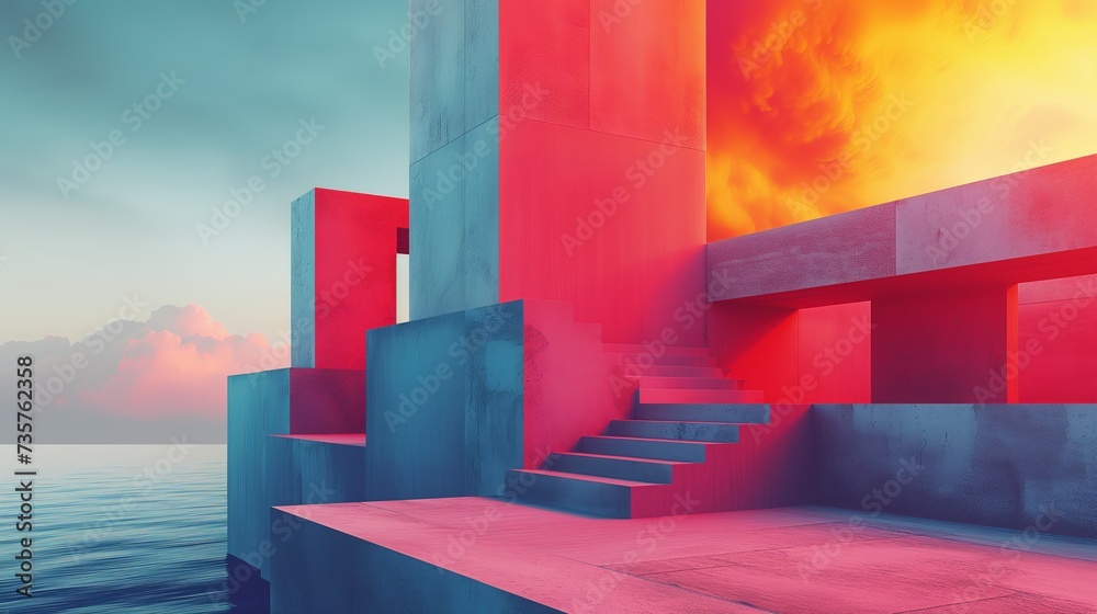 Seaside geometric architecture in sunset colors