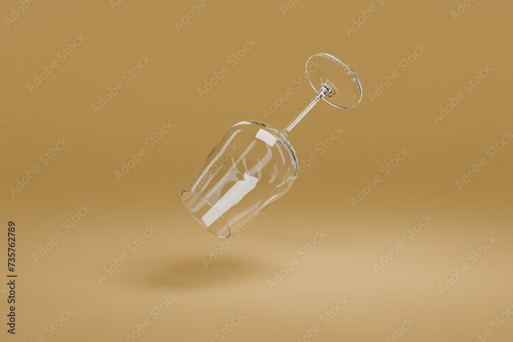 wine glass falling on clean surface isolated on infinite background; 3D rednering