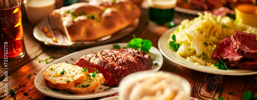 A close-up shot of a traditional St. Patrick’s Day feast served on a rustic wooden table