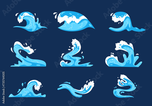 Cartoon wave splash. Ocean wave in motion, sprite sheet of curly sea waves, swirl aqua symbol and waterfall element. Vector isolated set