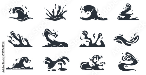 Cartoon wave silhouettes. Black stream splatter symbol and wet flow elements, abstract wind motion ocean waves. Vector isolated set