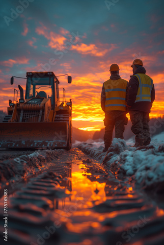 Two workers in safety waistcoats and helmets against the background of sunset and working machinery  excavator tractor