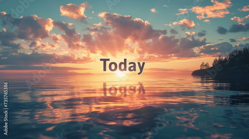 Today background with sunrise over the sea with word Today written in middle