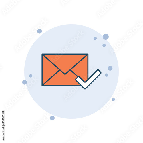 Cartoon envelope with checkmark vector illustration. Letter with check tick on bubbles background. Mail sign concept.