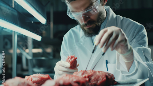 Scientist working on cultured meat in a laboratory photo
