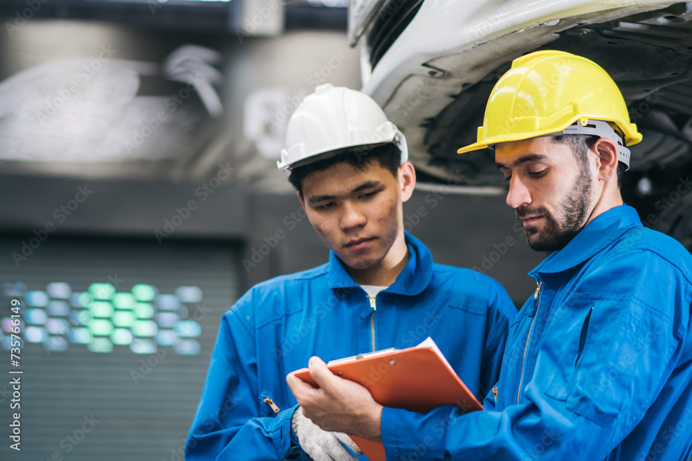 Automotive mechanic discussing on car damage checklist with assistant at auto garage shop. Transport industry, repair and maintenance career. after service after service Automotive mechanic discussing on car damage checklist with assistant at auto garage shop. Transport industry, repair and maintenance career. after service after service