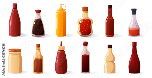 Cartoon sauce bottles. Traditional spicy ketchup mayonnaise mustard soy sauce packaging, fast food condiment ingredients for barbecue. Vector set