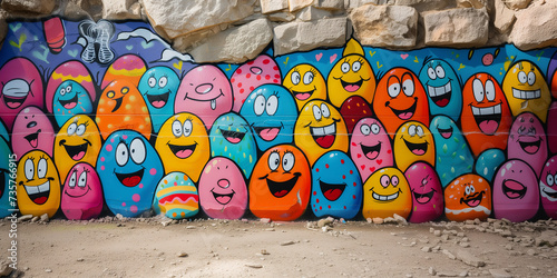 Easter egg happy smiling character graffiti painting on urban wall