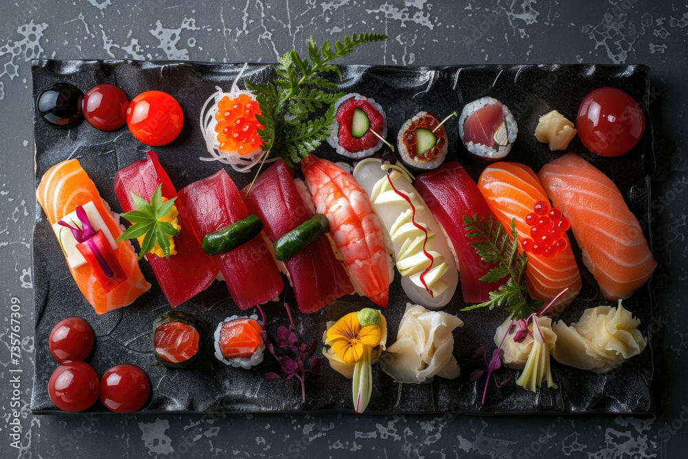 an assortment of sushi, tuna, salmon and fish nigiris. Japanese gourmet cuisine.