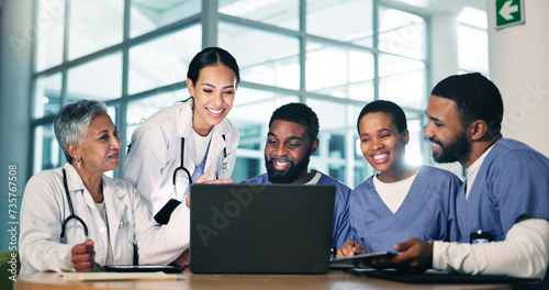 Healthcare, meeting and doctors, nurses and laptop in office with documents for medical compliance, surgery or planning. Hospital, team or people online for brainstorming, solution or problem solving photo