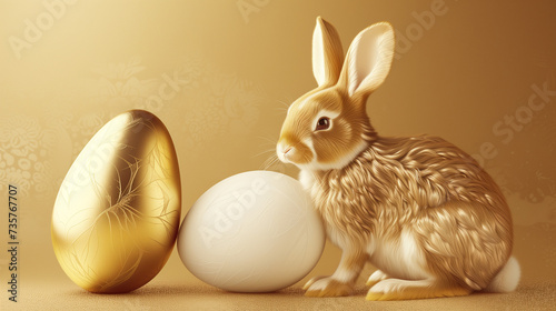Happy Easter, Two golden rabbit and one white egg sitting next to each other, a poster, love and happiness, 