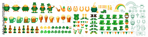 Set of symbols for St. Patricks Day. Cute Leprechaun hat, shoes, clover shamrock, pot, gold coins, pipe, horseshoe. Illustration for Spring holiday March 17 St Patrick. Irish holiday. Vector.