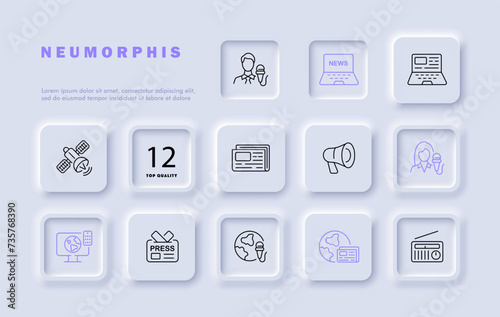 News set line icon. Reporter, microphone, weather forecast, economy, elections, finance chart. Neomorphism style. Vector line icon for business and advertising