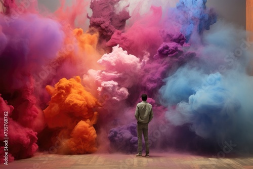 A man stands confidently in front of a vibrant cloud of smoke, creating a striking contrast against the backdrop.