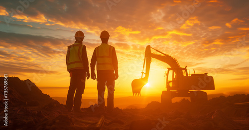 Two workers in safety waistcoats and helmets against the background of sunset and working machinery, excavator tractor