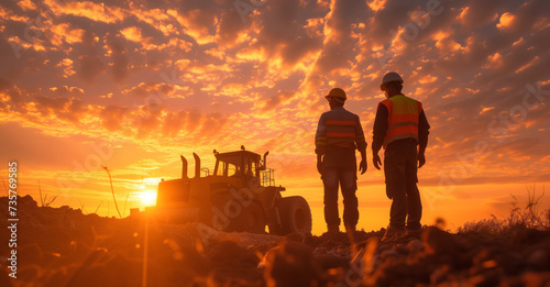 Two workers in safety waistcoats and helmets against the background of sunset and working machinery, excavator tractor