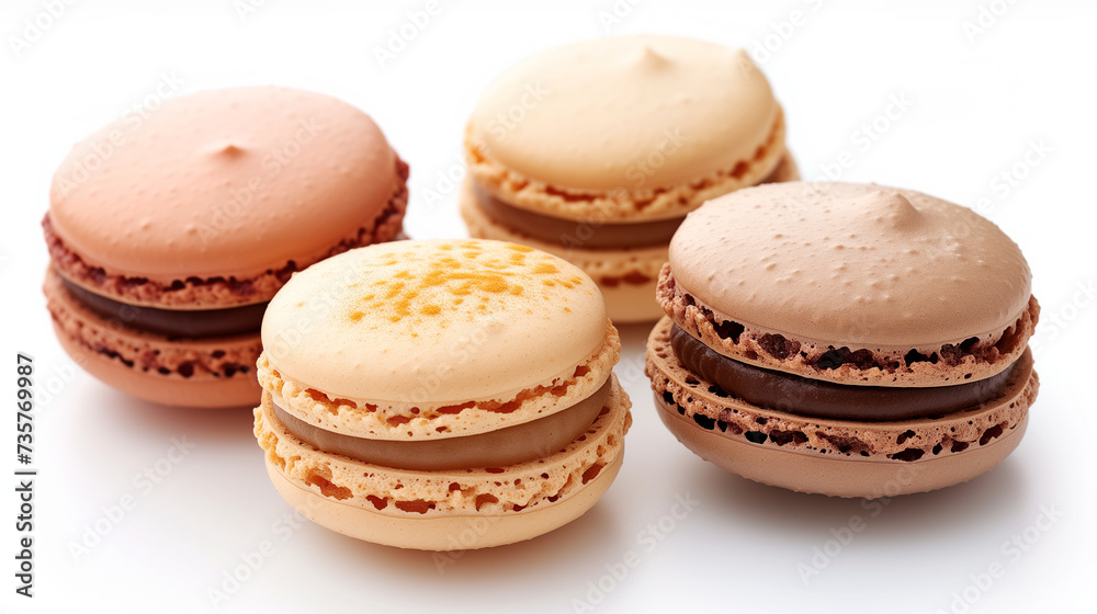 Beige monochrome background with balanced macaroons. Macarons french pastries. Isolated white macarons collection. Vanilla or coconut macaroon at different angles isolated on white background. 