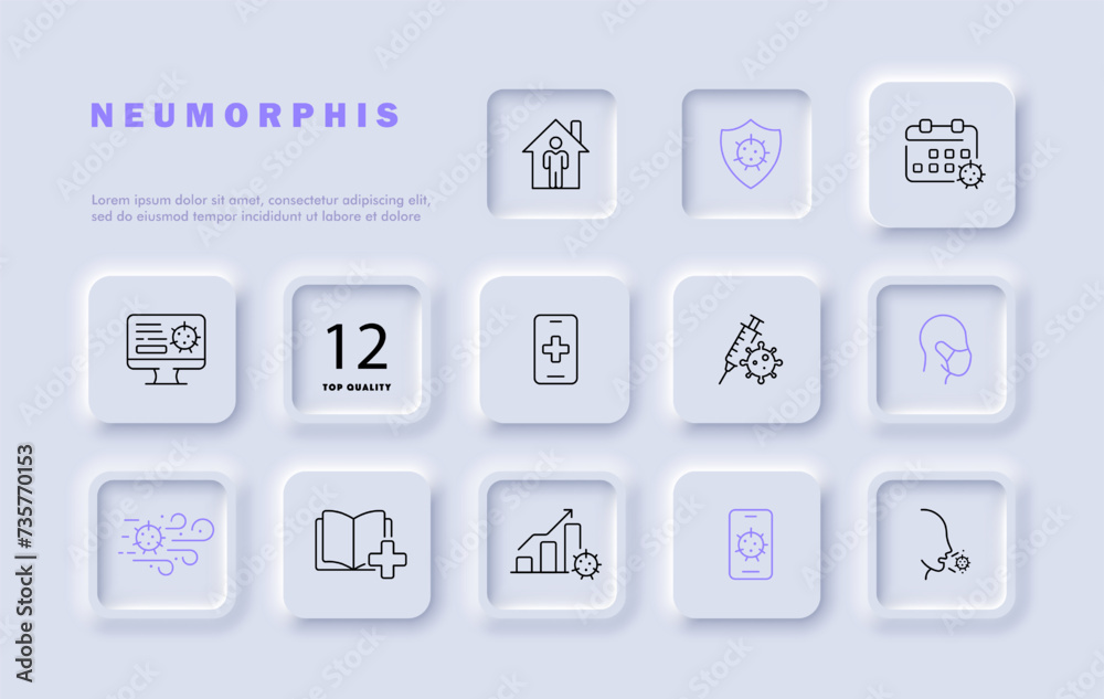 Virus set line icon. Infection, pandemic, flu, bacteria, syringe, smartphone, treatment, calendar. Neomorphism style. Vector line icon for business and advertising Virus set line icon. Infection, pandemic, flu, bacteria, syringe, smartphone, treatment, calendar. Neomorphism style. Vector line icon for business and advertising
