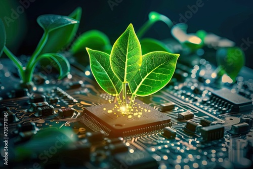 Harmonious blend of nature and technology showcasing vibrant green sprout thriving on electronic chip symbolizing innovative union of environmental consciousness with technological advancement
