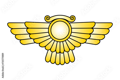 Winged sun emblem of god Ashur, a sun disk with wings. Also spelled Ashshur, the main god of Assyrian mythology in Mesopotamian religion, and the city god of the eponymous Mesopotamian city of Assur.