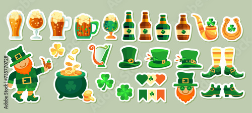 Set of symbols for St. Patricks Day. Cute Leprechaun, hat, shoes, clover shamrock, pot, gold coins, pipe, horseshoe, beer. Illustration for March 17 St Patrick. Irish holiday. Vector stickers.