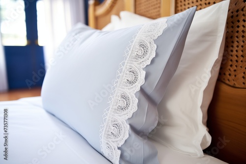 detailed shot of lacetrimmed pillow shams on a plush bed photo