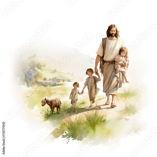 Watercolor print of Jesus, family with dog
