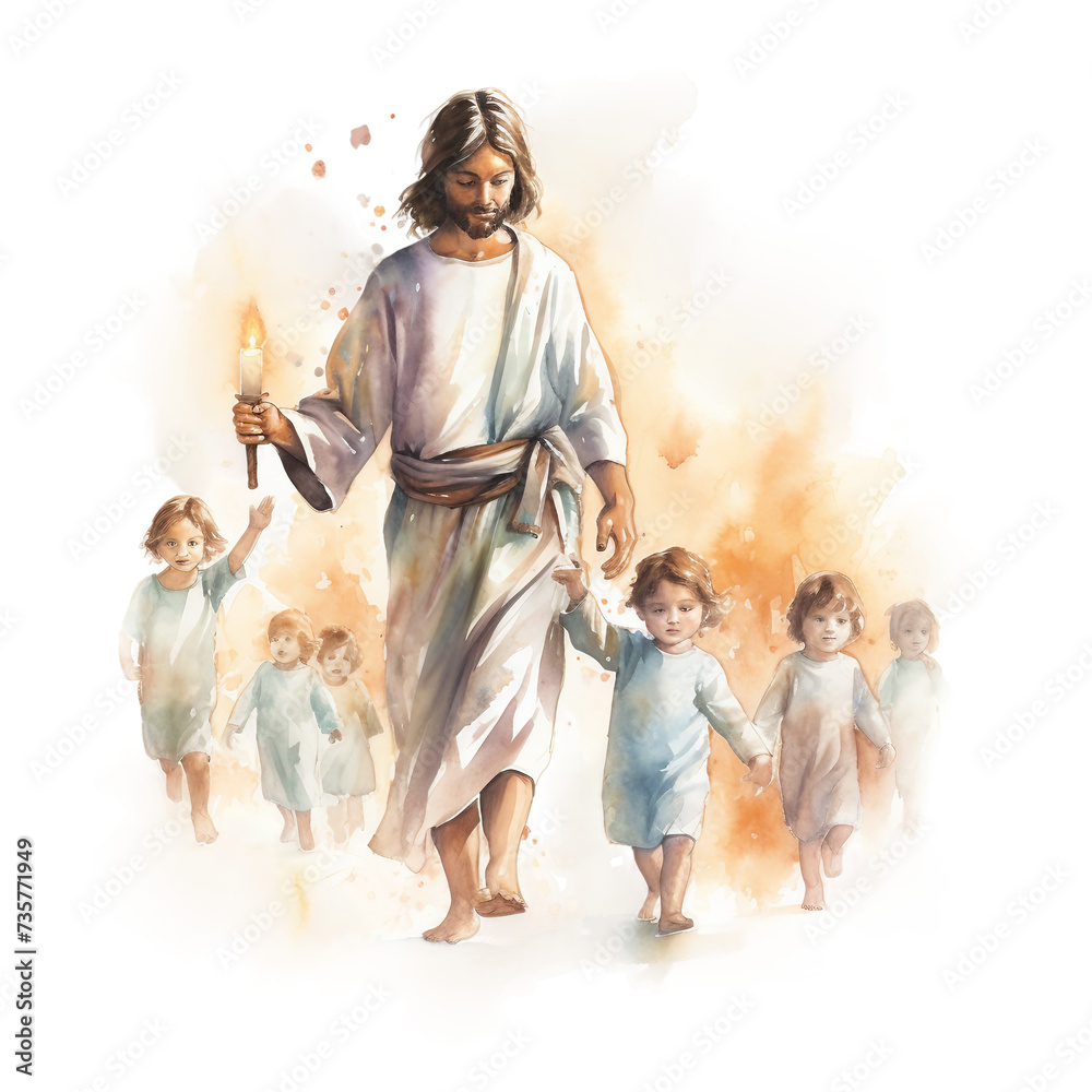 Watercolor print of Jesus, family with children in the background