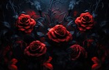 A vibrant collection of red roses arranged in a bunch against a dark black background.