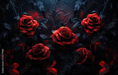 A vibrant collection of red roses arranged in a bunch against a dark black background.