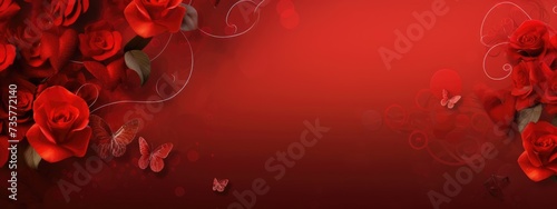 A photograph showcasing a vibrant red background adorned with blooming roses and fluttering butterflies.