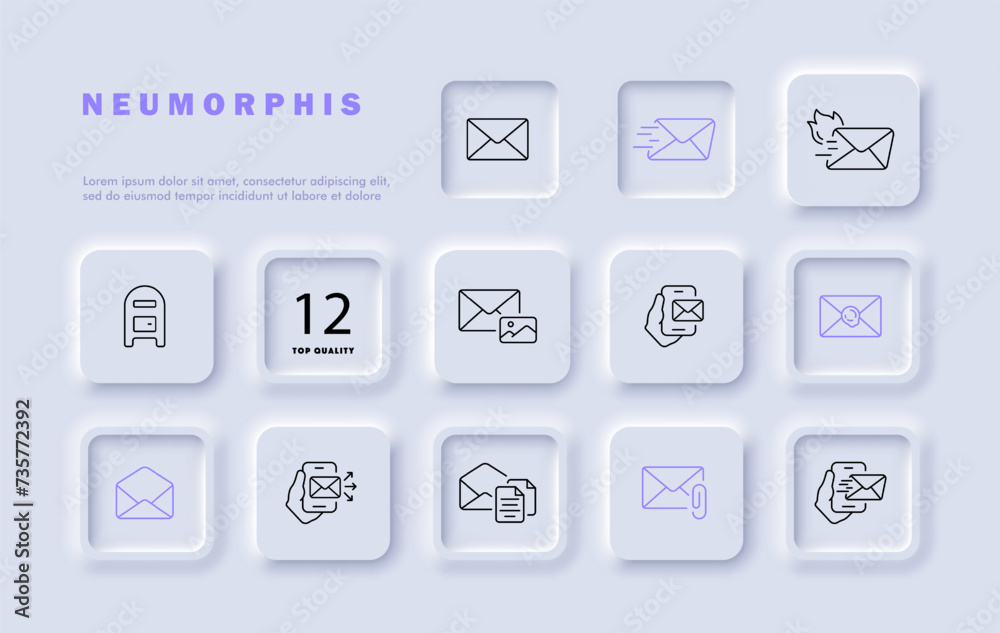Mail set line icon. Fire, delivery, correspondence, mailbox, smartphone, SMS. Neomorphism style. Vector line icon for business and advertising Mail set line icon. Fire, delivery, correspondence, mailbox, smartphone, SMS. Neomorphism style. Vector line icon for business and advertising
