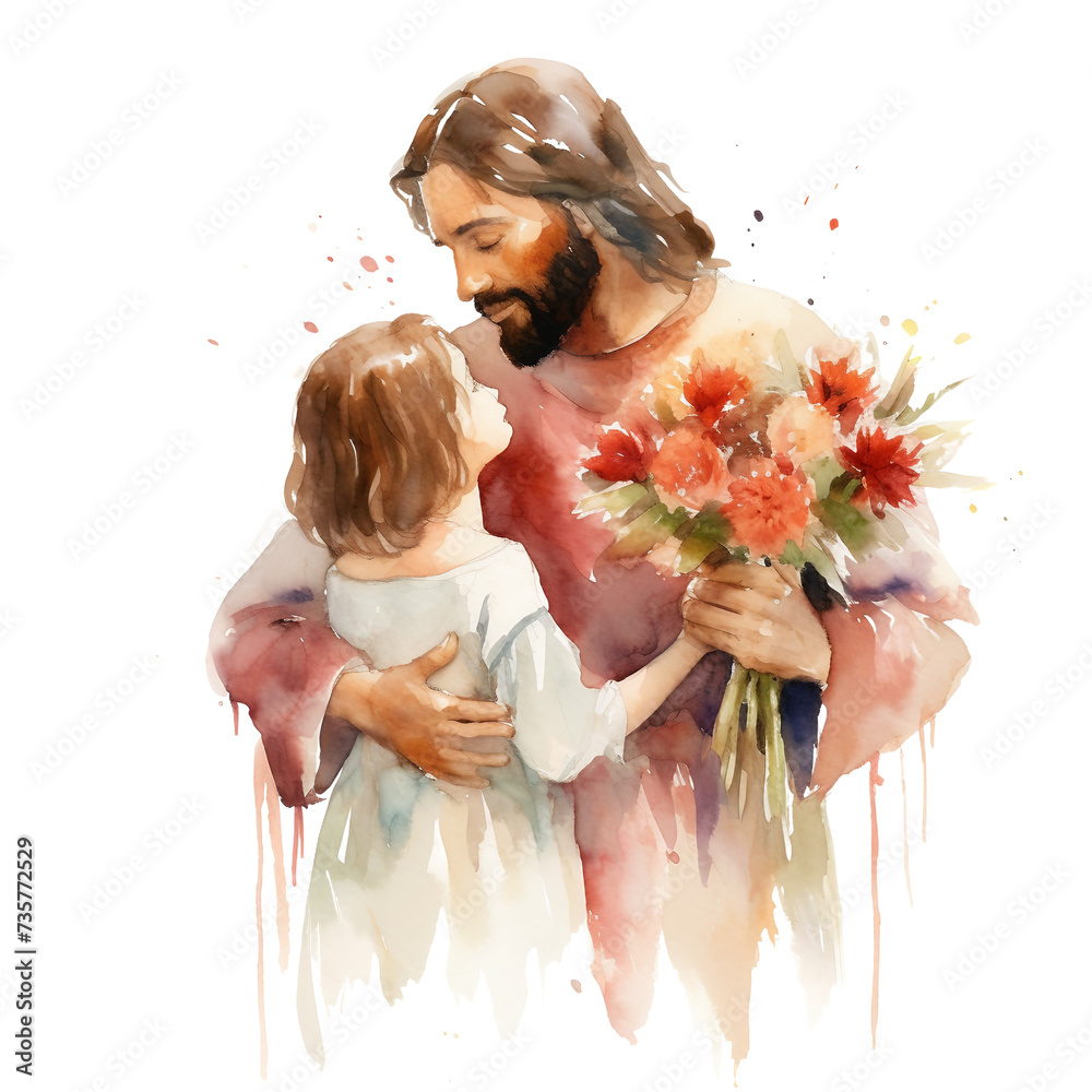 Naklejka premium Watercolor print of Jesus, person with a bouquet of flowers