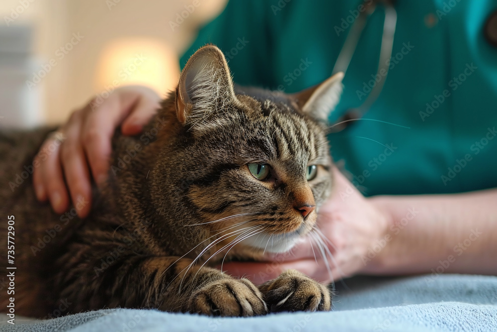 grey cat being examined by a veterinarian in vet clinic., focus on cat, pet healthcare concept