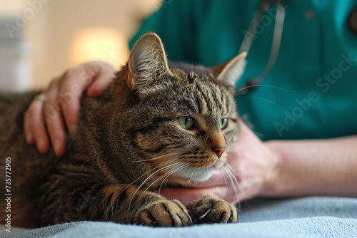 grey cat being examined by a veterinarian in vet clinic., focus on cat, pet healthcare concept