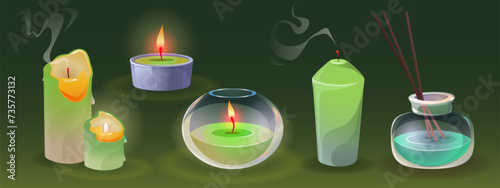 Aroma candles burning and extinguished with smoke and scent diffuser with sticks. Cartoon vector illustration set of green candlelight for aromatherapy in glass jar and container with fragrance.