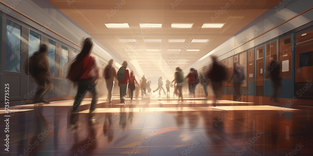 Student Hustle: Blurred Shot Capturing High School Students Ascending Stairs Between Classes in a Busy School Building